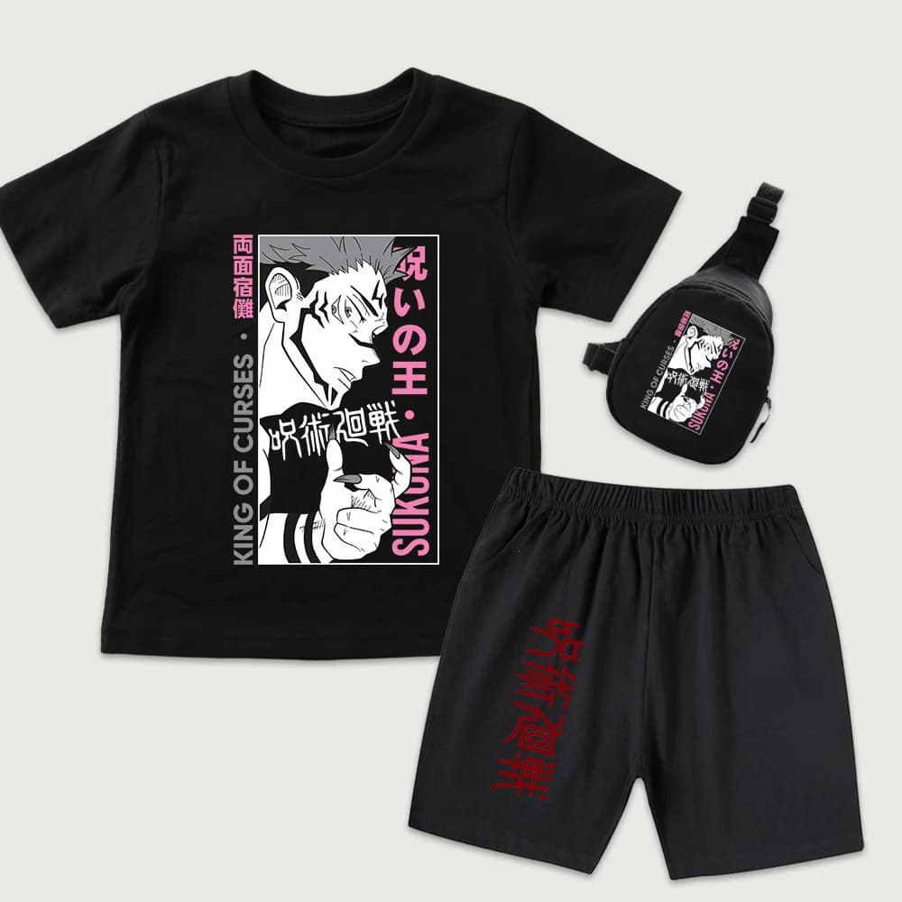 Kids Boys Girls Clothes 3 Piece Set Jujutsu Kaisen Sukuna Anime Print Cotton T Shirt and Shorts with Mini Bag