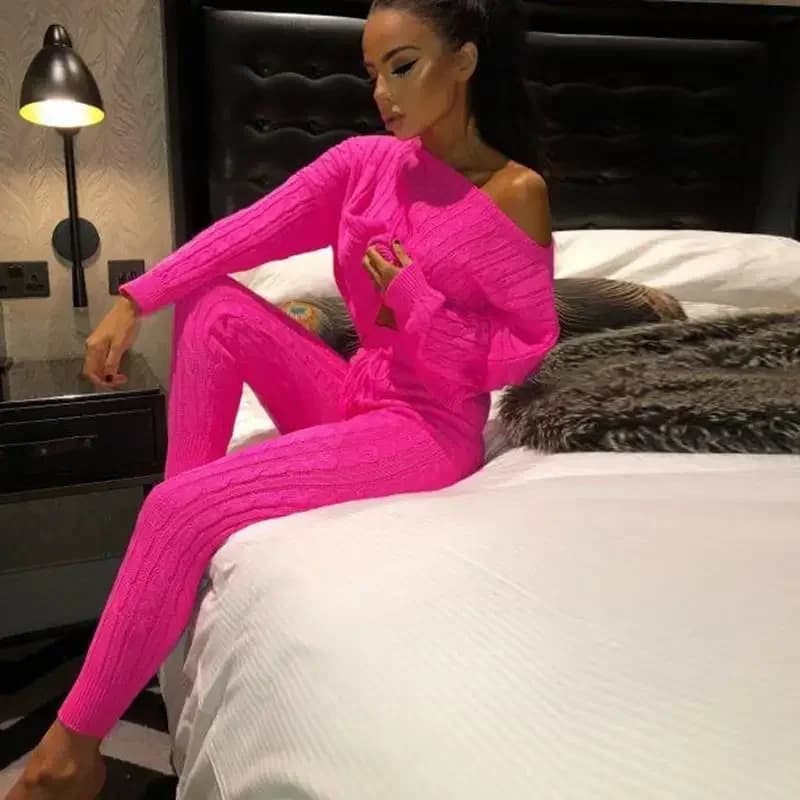 2025 Matching Sets, Tops and Pant, Monochrome, Autumn and Winter Fashion Knitted Two-Piece Set for Women, Loose Sweater,