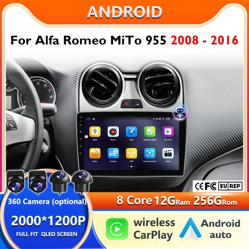 Autoradio Multimediale da 9 Pollici per Alfa Romeo MiTo 955 2008 - 2016, Navigazione GPS Android Auto, Bluetooth, WiFi, Android 16