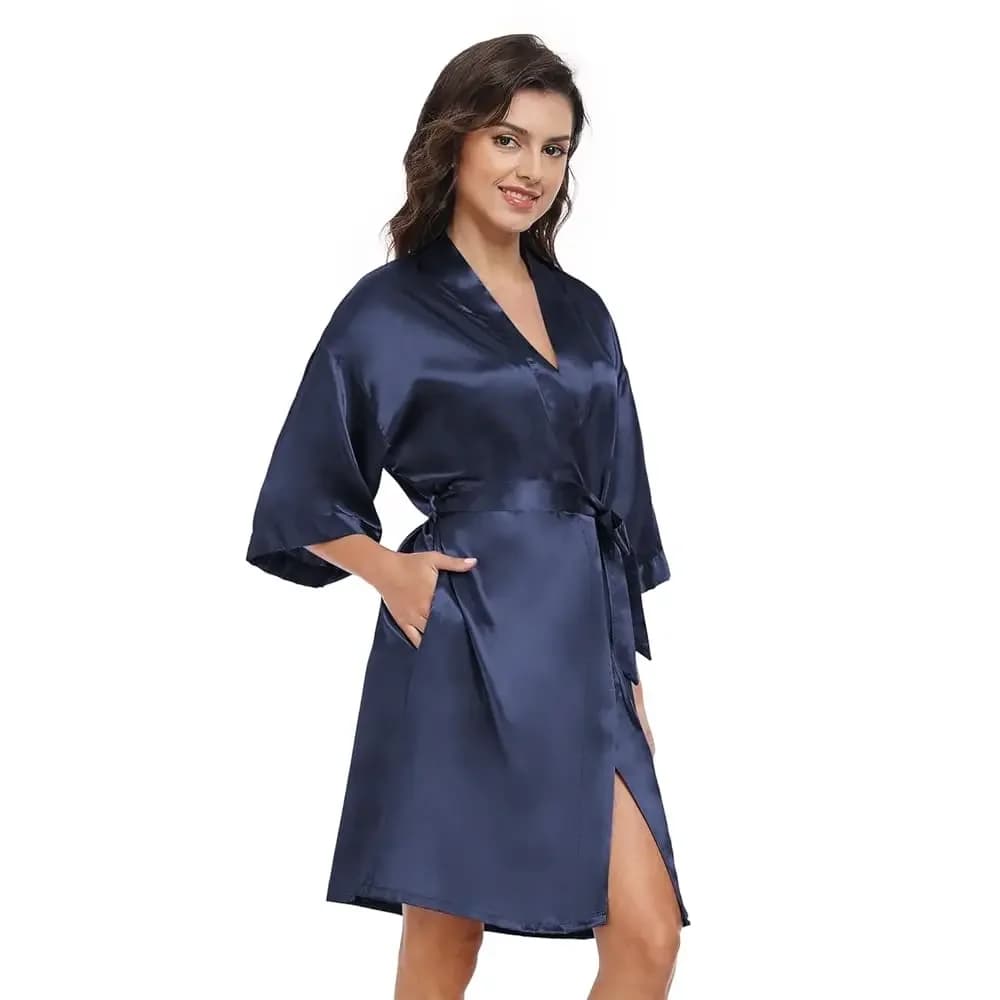 Accappatoio Corto Leggero in Raso Effetto Seta per Damigelle, Sposa, Feste, Spa, Kimono con Scollo a V e Tasche