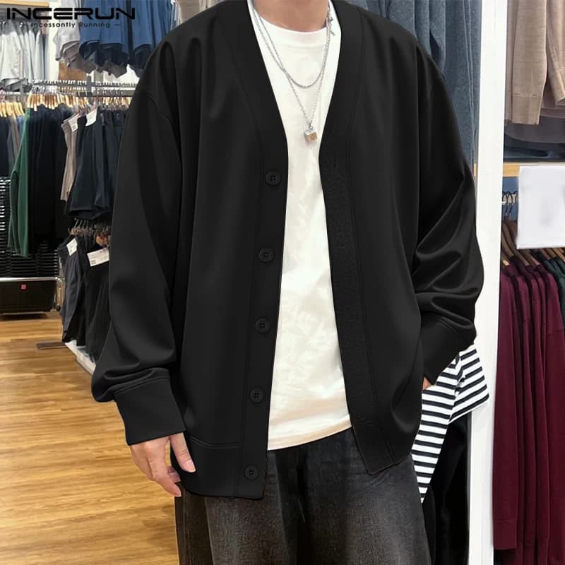 INCERUN Men Hoodies Solid V Neck Long Sleeve Button Male Sweatshirts Loose Streetwear Korean Style Casual Cardigan Outerwear