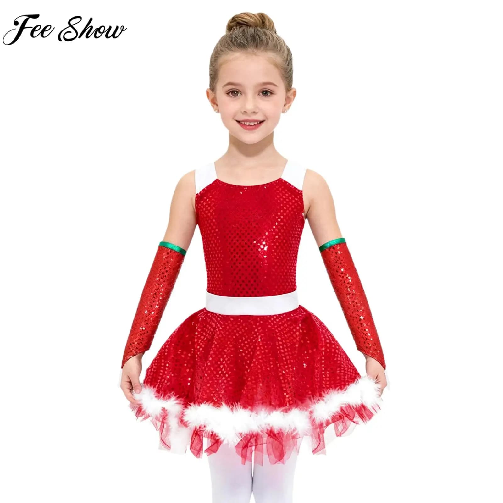 Girls Christmas Santa Elfo Costume Paillettes Lucide Maglia Ballet Dance Body Tutu Dress Figure skating Latin Dancewear