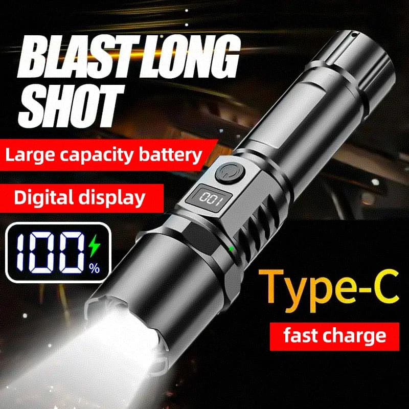 Torcia LED ultra luminosa con zoom e indicatore della batteria, flash da campeggio con ricarica USB