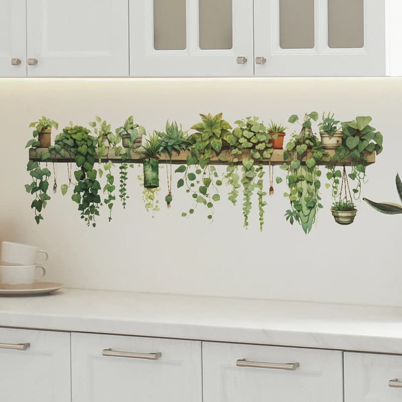 Stickers Vinyl Walls with Plants in Vase and Coppers, Aesthetic Decoration for Home, Bedroom, Bathroom, Kitchen, Wall Art