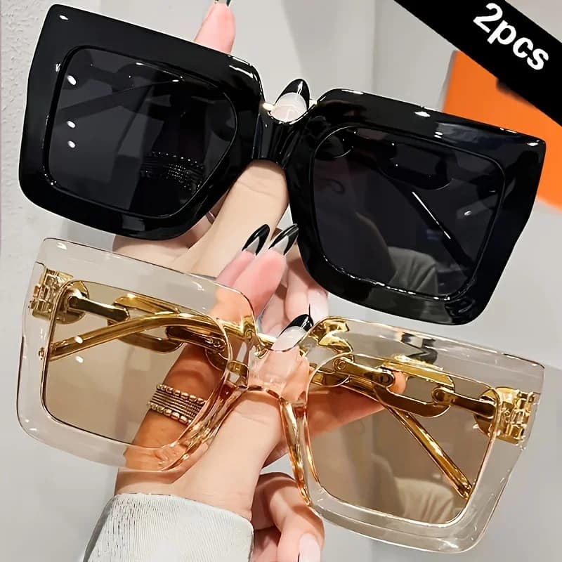 Nuovi occhiali da sole da donna alla moda oversize di lusso da 2 pezzi - Montatura quadrata grande con lenti antiriflesso, accenti dorati e dorati rosa