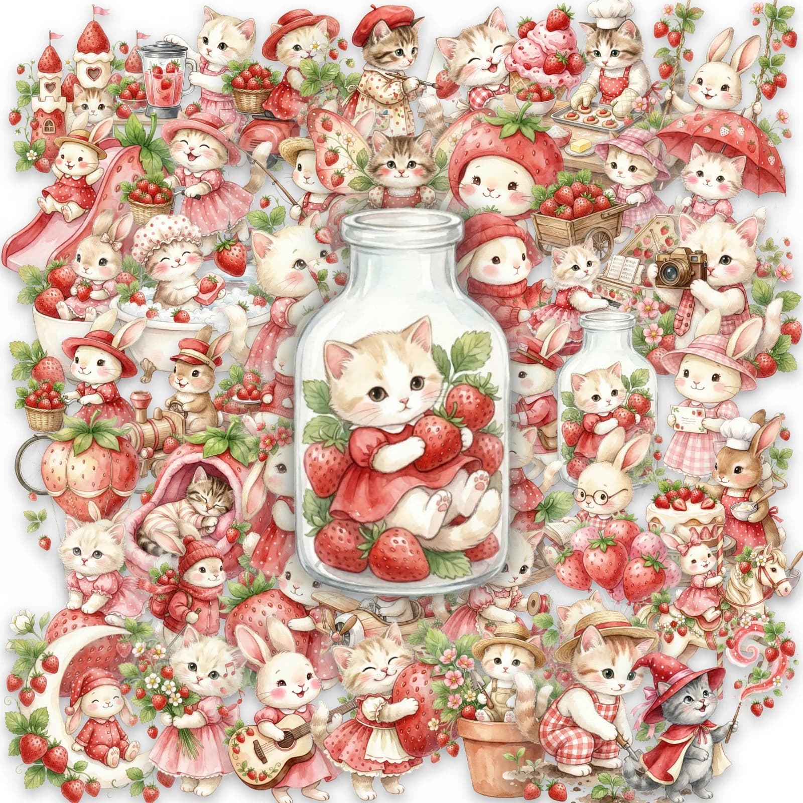 50 Pezzi Adesivi Trasparenti in PET con Gatti e Conigli in Stile Pastorale per Decorare Valigie, Telefoni, Quaderni, Scrapbook, Tazze, Decalcomanie Impermeabili