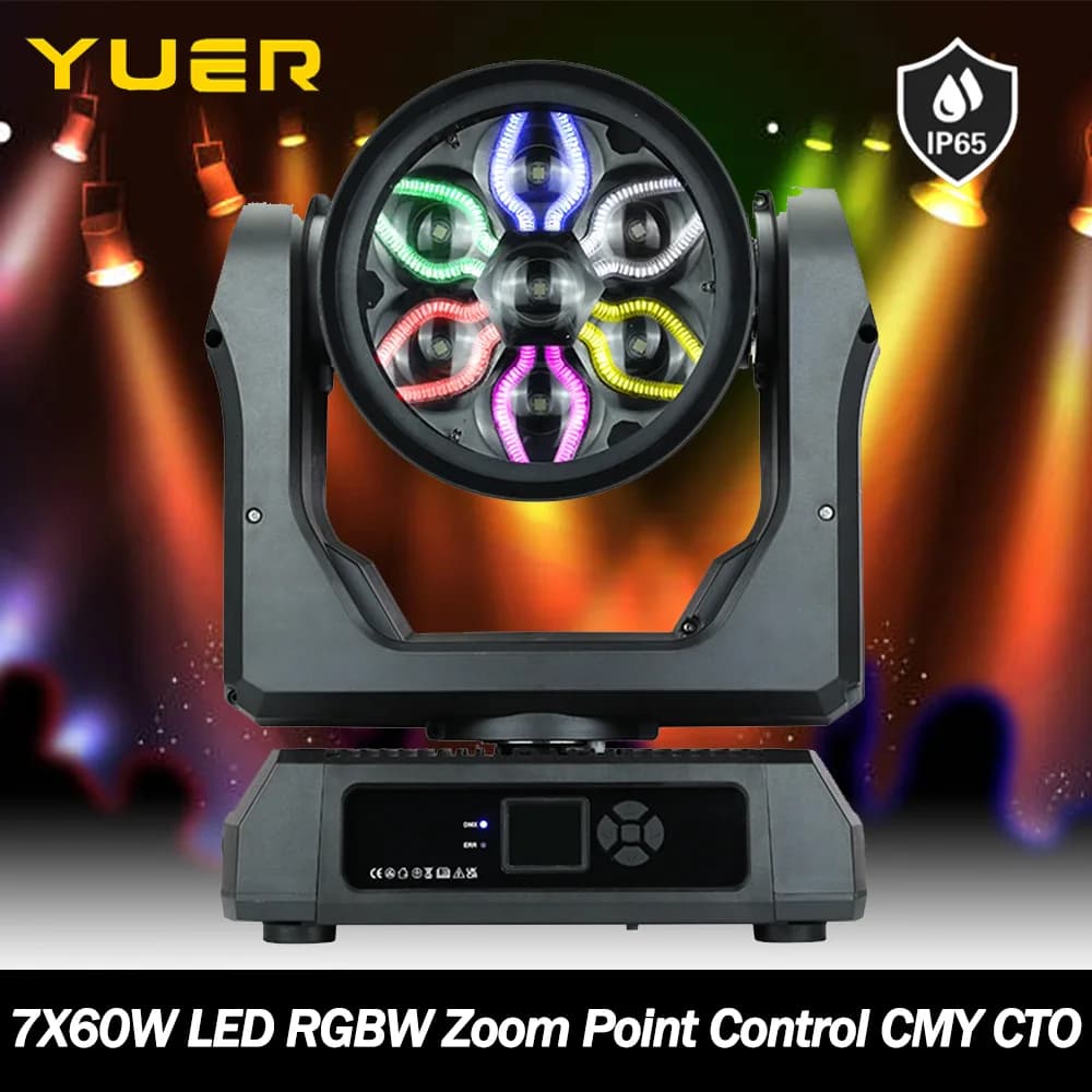 Waterproof 7X60W LED RGBW Zoom Control Point Washing Mobile Head Light with CMY CTO DMX512 ring for DJ Disco party bar club wedding