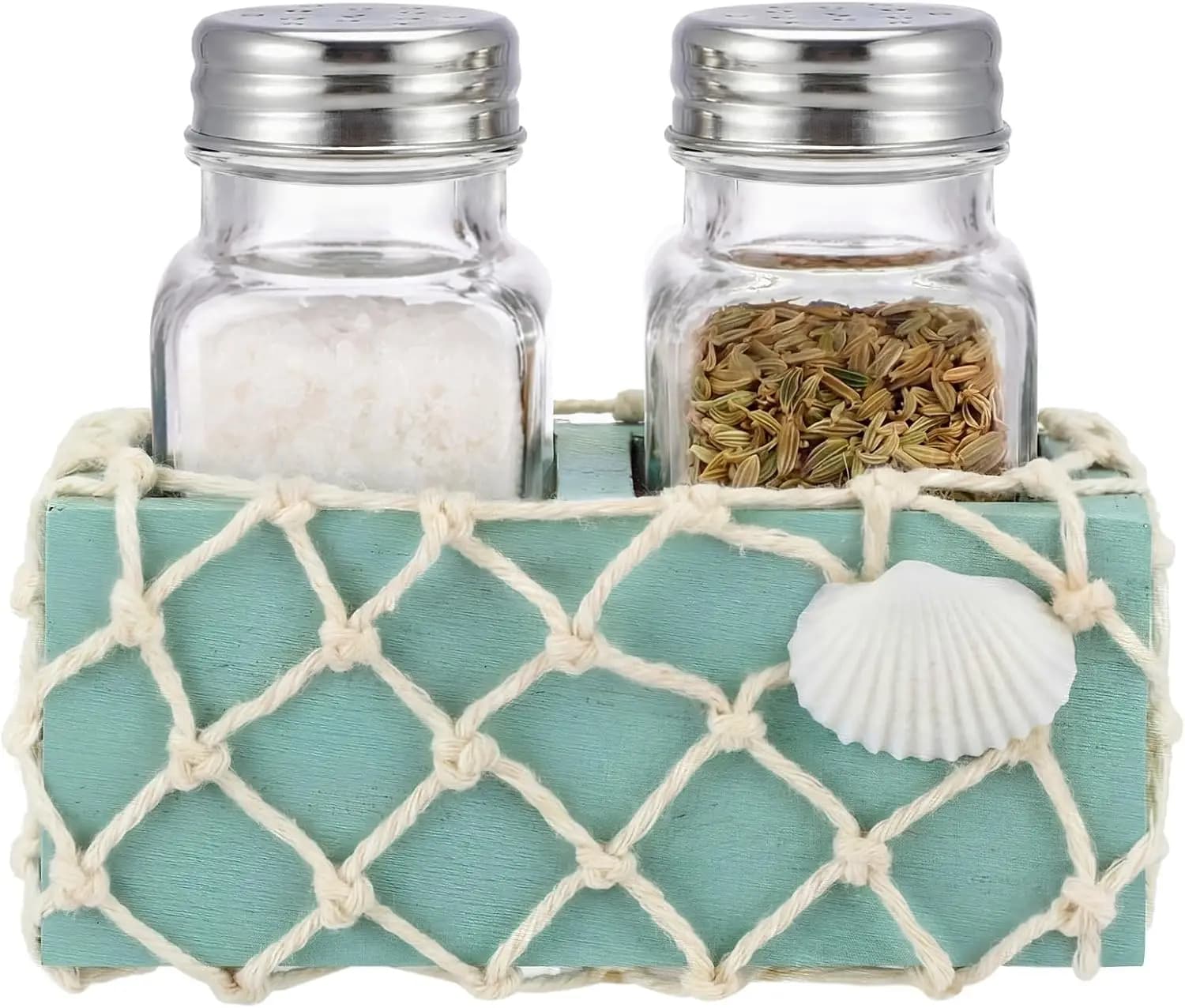 Set di shaker con supporto in legno blu, rete da pesca a conchiglia, porta sale e pepe, regalo per casa al mare, stile costiero