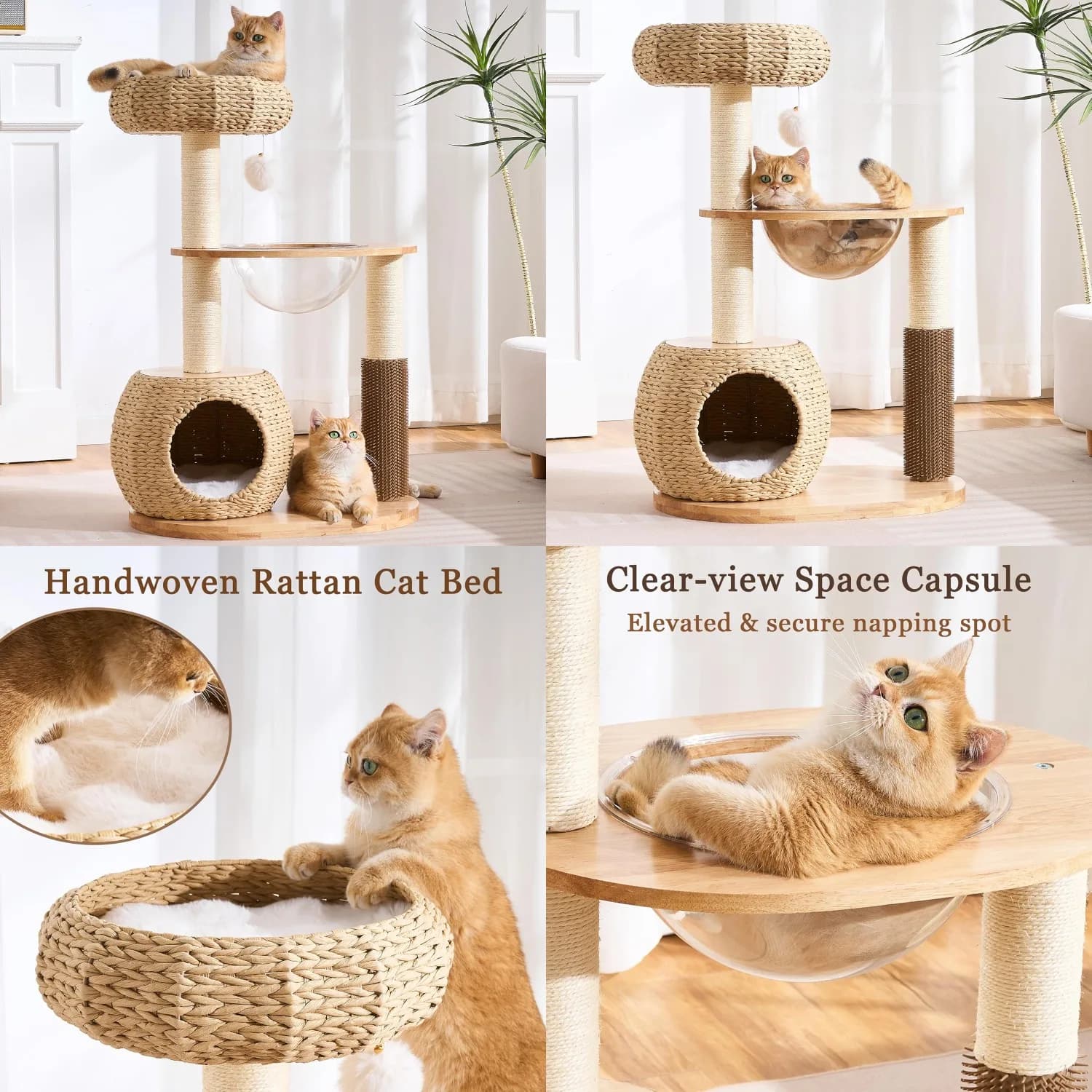 Albero per gatti moderno in legno massello per gatti da interno di taglia grande, albero per gatti angolare da 38 pollici con cuccia in rattan fatta a mano, personalizzabile