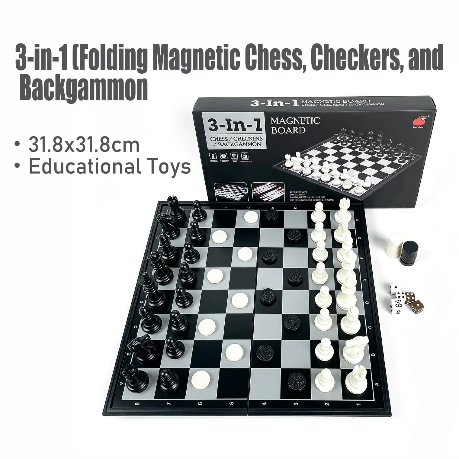 31.8x31.8cm 3 in 1 Folding Magnetic Chess Checkers Backgammon Set Board Game Educational Puzzle Toy Gift for Kids Adults