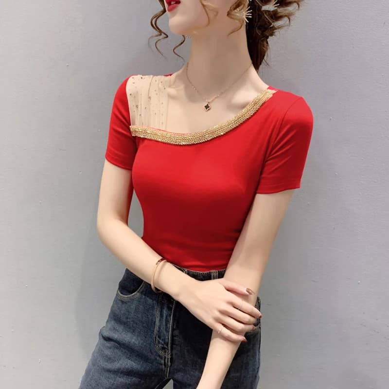 Fashionable Beaded Short Sleeve T-Shirt Women's Summer Thin Mesh Halves Shirt Stylish Creative Korean Style Slim Fit Top