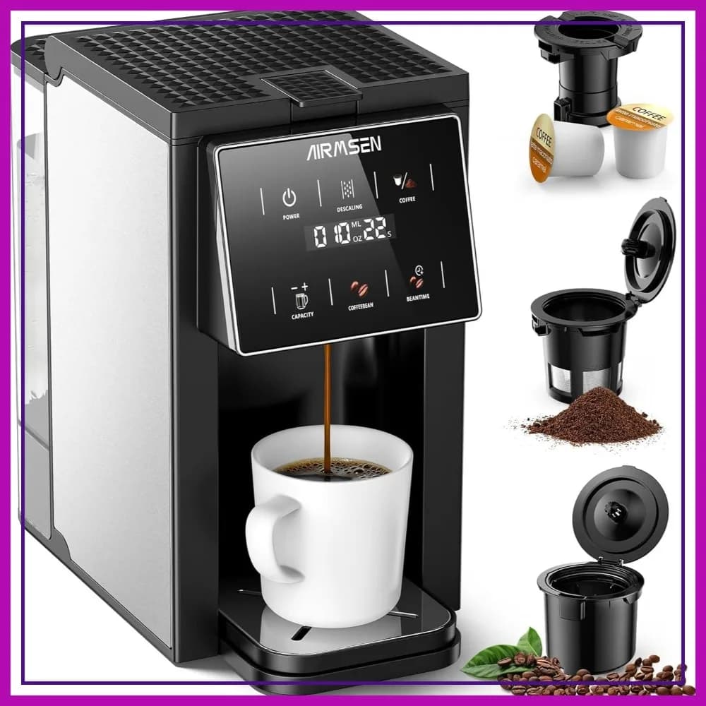 Macchina da Caffè Monodose con Macinacaffè Integrato, Caffettiera Veloce da 1000W, Serbatoio da 50oz, Touchscreen, 6-14oz, Avviso Decalcificazione