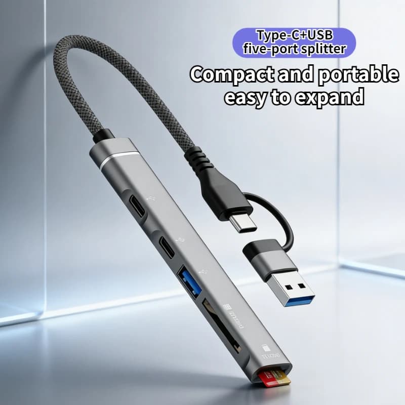 Hub USB + Type C 5-in-1 con lettore di schede SD/TF, docking station e trasmissione a 5 Gbps per laptop