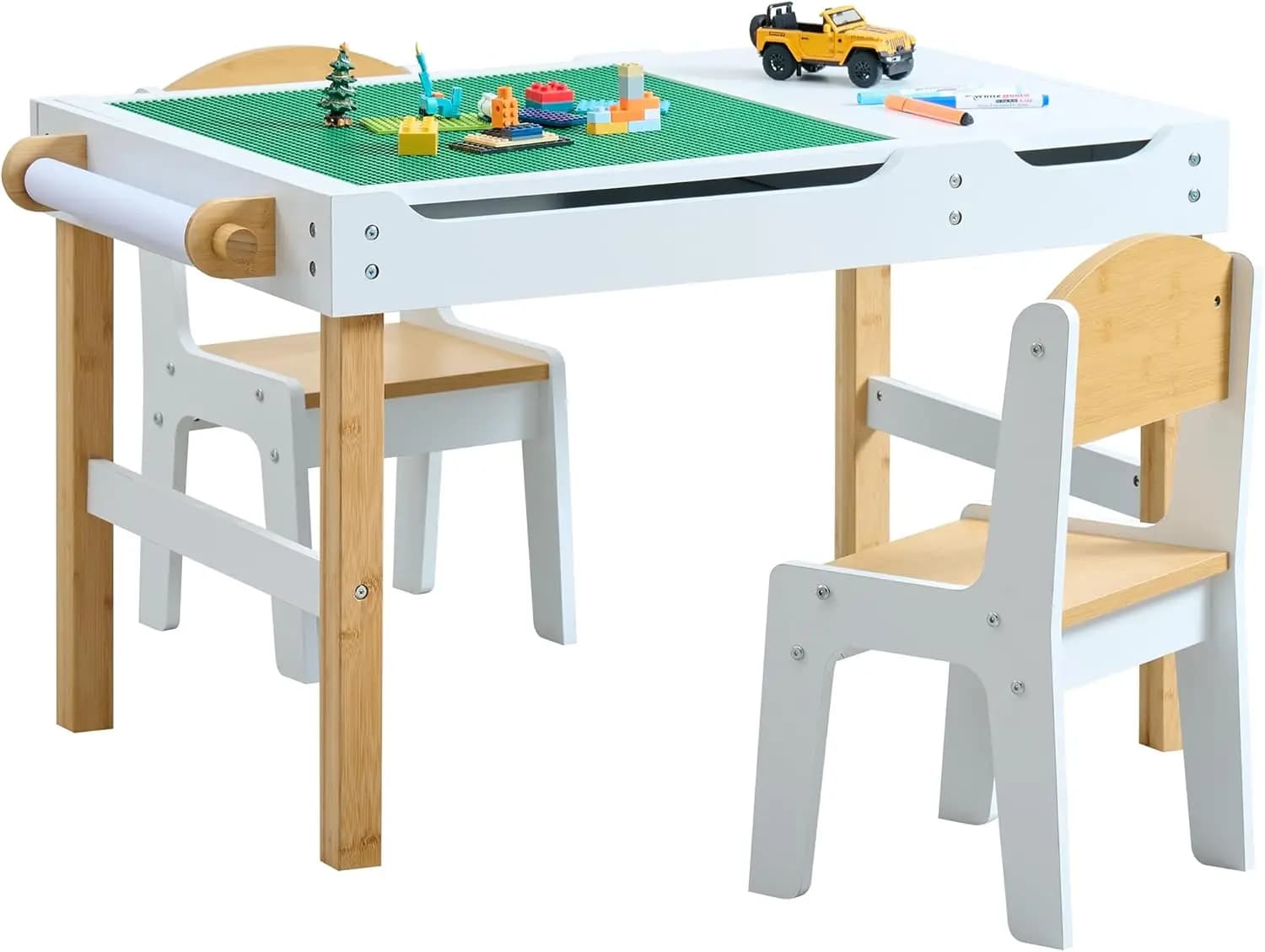 Kids Activity Table with Storage, 3 in 1 Kids Table Compatible with Lego Building Block for Boys Girls, Wooden Desk Reversible Tabletop for Toddler Arts,Drawing, Reading