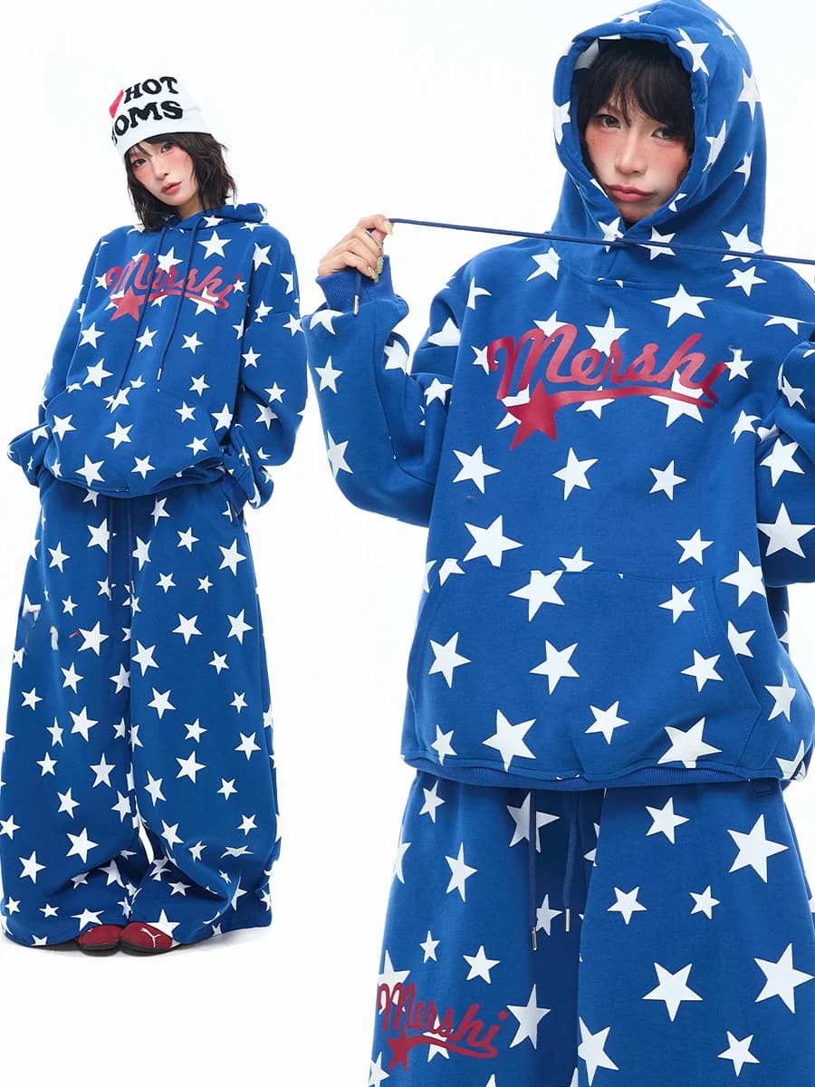 Sanowers American Retro Star Letter Print Hoodie Women's Spring Autumn Loose Wide Leg Casual Pants Set Breathable Cotton Inner