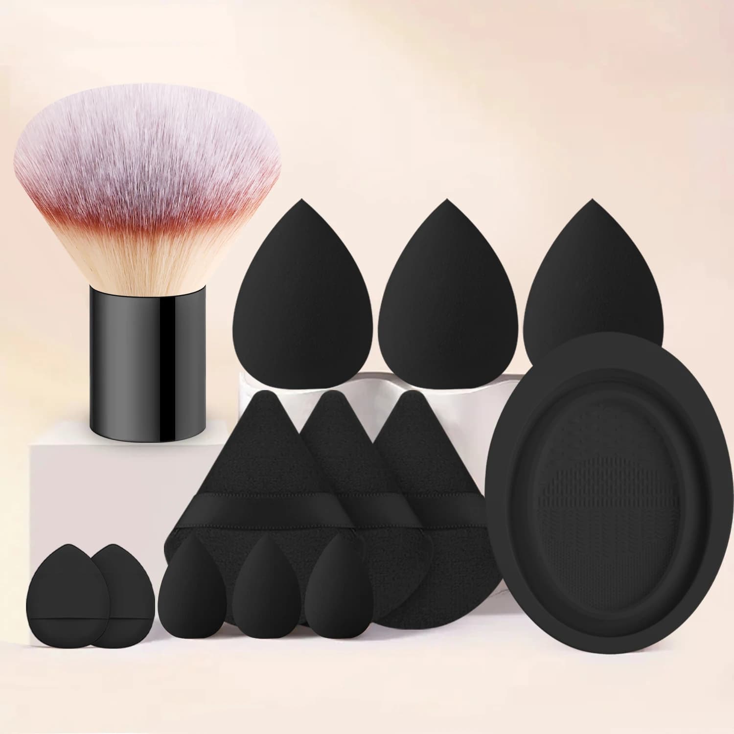 Kit Multifunzionale per il Trucco di Base: Pennello per Cipria, Spugna Beauty, Tappetino per la Pulizia, Set Completo per il Viso