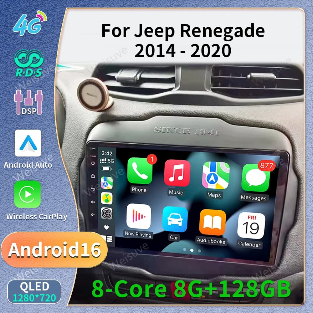 Android 16 Carplay Car Radio For Jeep Renegade 2016 2017 2018 2019 2020 Navigation GPS Multimedia Player stereo WiF+4G AHDCamera