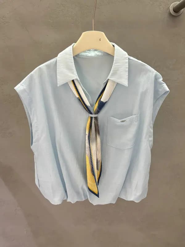 Spring 2026 Casual Style Women's Shirt Sleeveless Fly Sleeve T-Shirt Silk Scarf Collar Knot Design Sensation Commute OL Style...