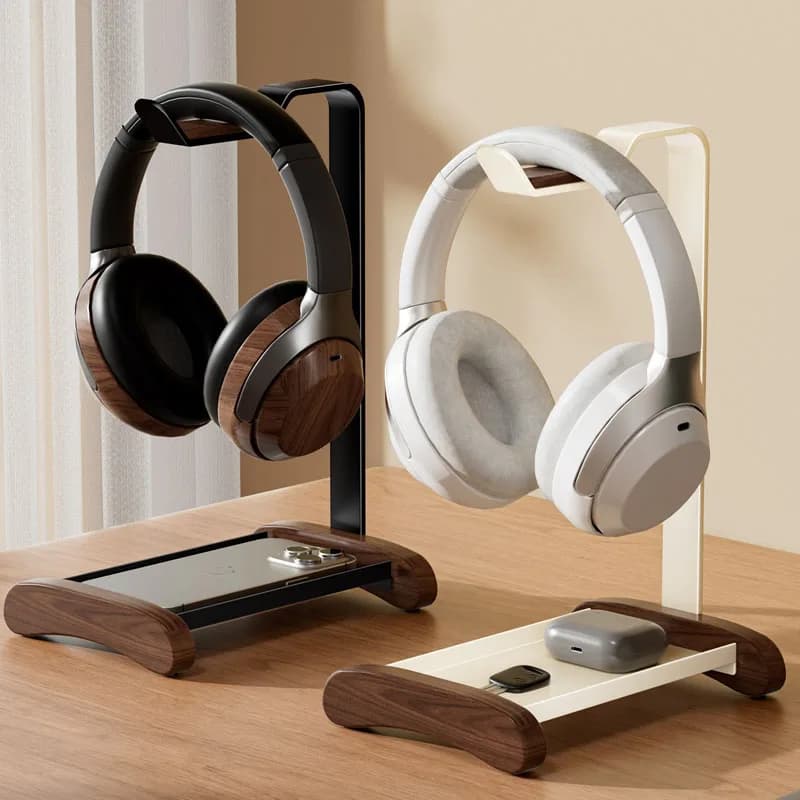 Real Wood Headphones Stand Walnut +Carbon Steel Gaming Headset Holder Desktop Display Shelf Bracket with Extra-Large Storage