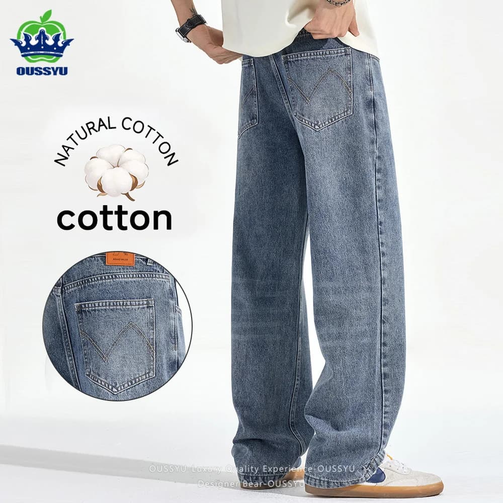 Abbigliamento di marca OUSSYU Jeans classici larghi da uomo in stile americano Pantaloni in denim versatili in cotone Pantaloni da lavoro in twill da uomo
