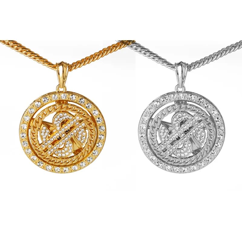 Fashion Crystal Big Raotatable US Dollar Necklace Money Sign Pendant Necklace Men Hip Hop Jewelry