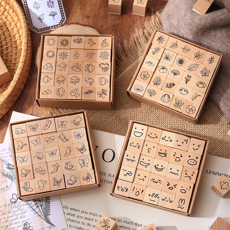 25PCS Wooden Stamp Set Weather Emotion Butterfly Creative Decorative Stamps for Scrapbooking Journaling And Note-taking