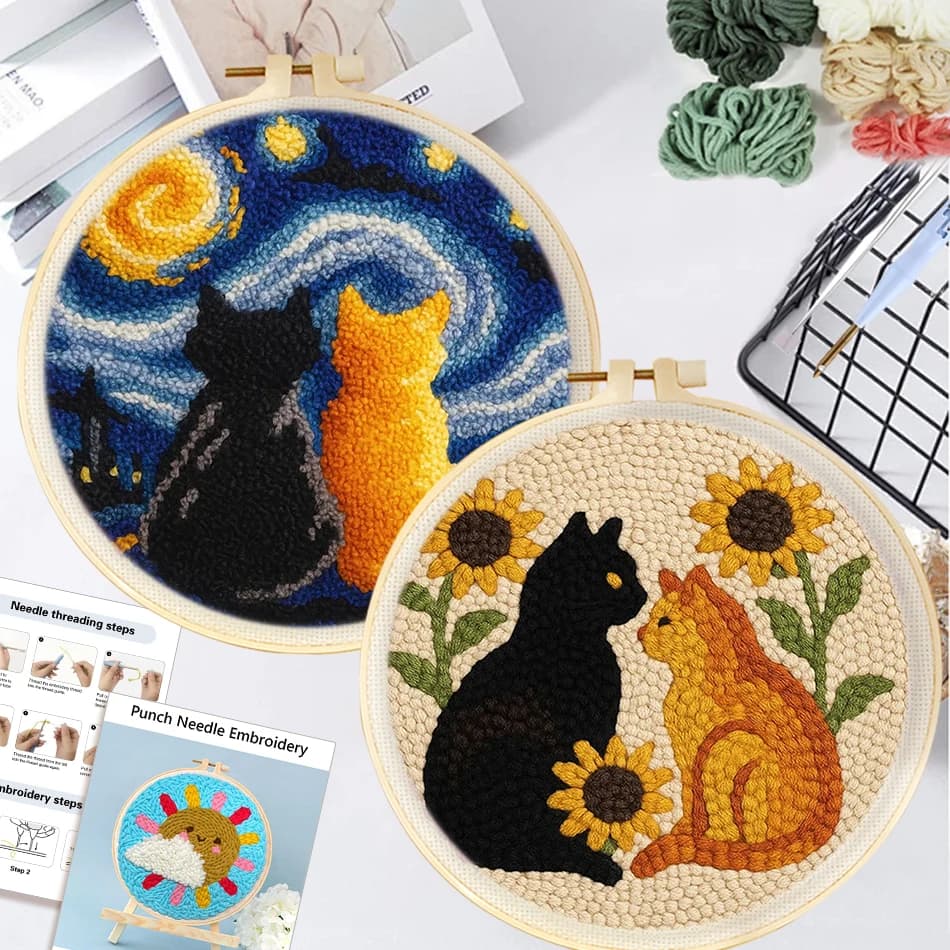 CHENISTORY Kit Ricamo Punch Needle Gatto Animale, Kit Magico per Tufting, Set Artigianale con Tessuto, Filato e Telaio