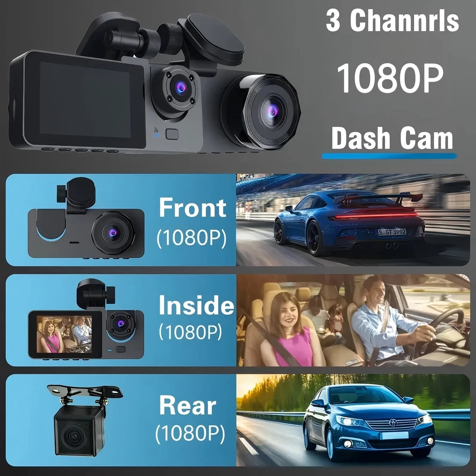 The 3-channel dashcam features high-definition revolution, FHD1080P, ultra wide-angle reverse vision, real-time recording of t
