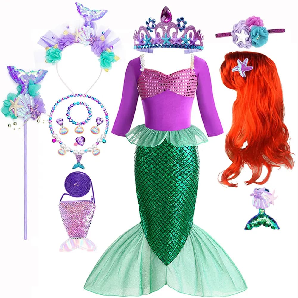 Costume da Sirena Disney per Feste di Natale e Compleanno, Stile Principessa Ariel, Abito a Maniche Lunghe con Accessori per Bambine