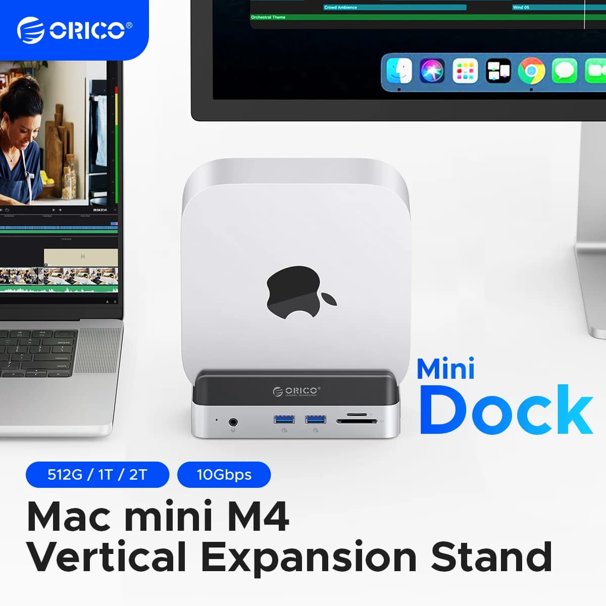 ORICO VSE USB3.2 Gen2 Type C Expansion Dock Stand for Mac Mini M4/Pro with M.2 SSD Options 512G 1T 2T External Drive Dock
