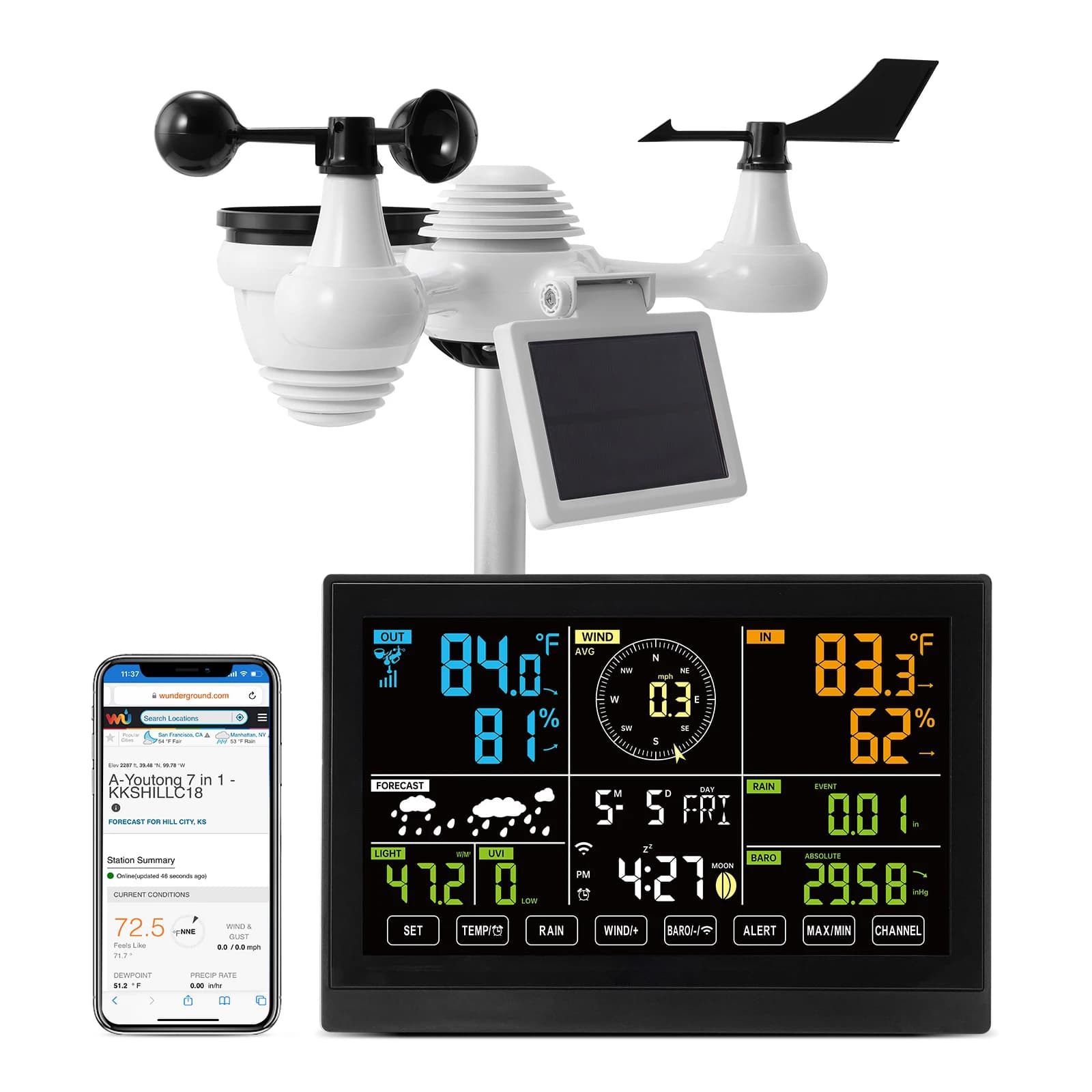 7-in-1 SucceBuy Weather Station with 7,5-inch Color Display + Solar Wireless External Sensor and Alarms for Temperature and Humidity