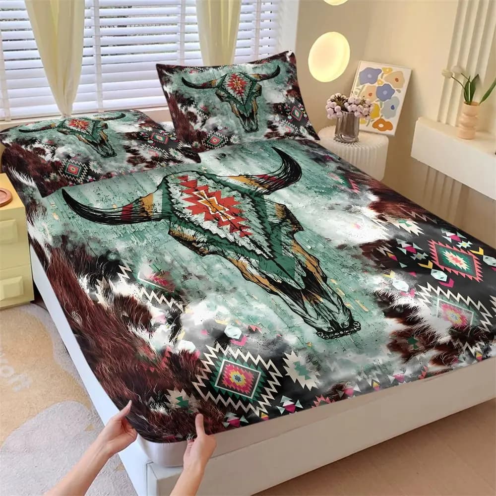 3Pcs Western Cow Skull Bedding Set Tribal Aztec Fitted Sheet Set Boho Farmhouse Bed Sheets Set Soft Bedroom Decor Bed Cover
