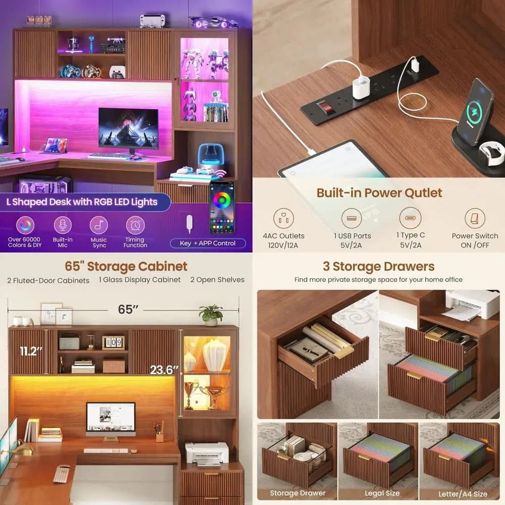 Scrivania a L 67 x 65 con LED RGB, prese di corrente, spazio di archiviazione e armadietto in vetro per ufficio domestico, gaming e lavoro, marrone