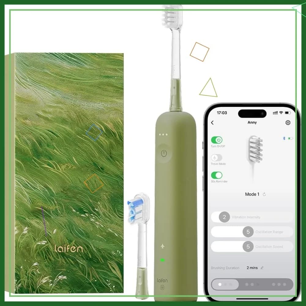Spazzolino Elettrico Sonico 2025, Oscillazione e Vibrazione, Controllo App, Impermeabile IP68, da Viaggio con 2 Testine (Verde Prato)