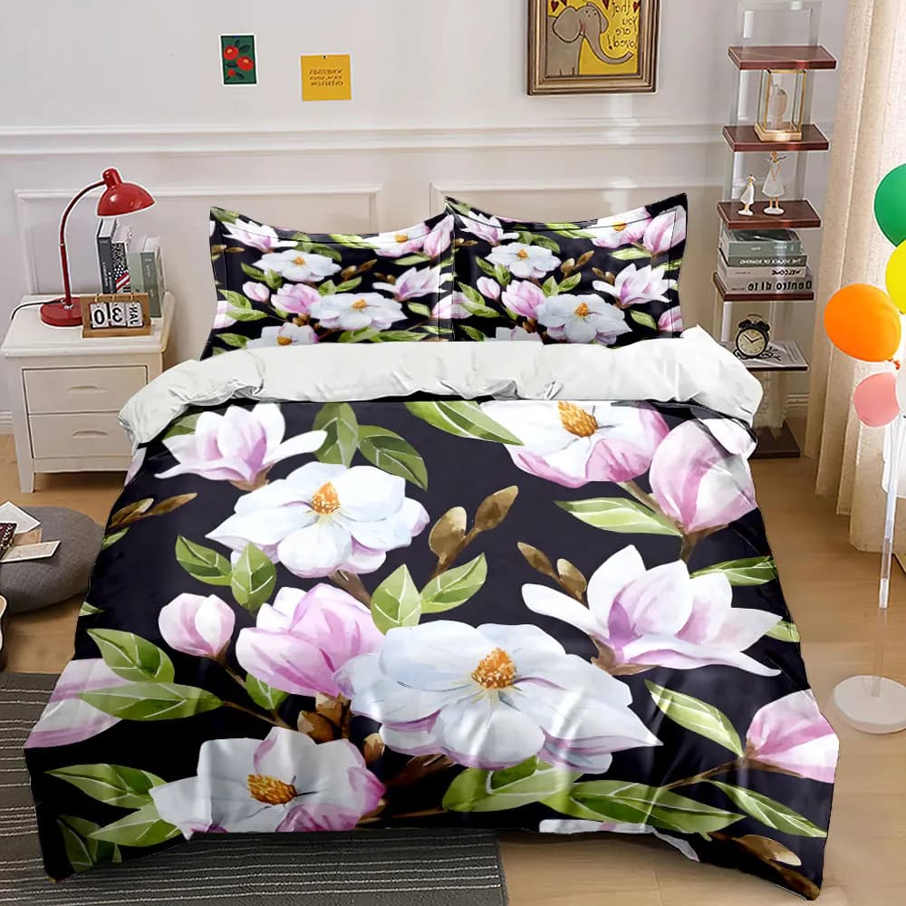 Set copripiumino con motivo di fiori bianchi e rosa con foglie verdi, set copripiumino con stampa digitale, biancheria da letto colorata in poliestere con chiusura a cerniera