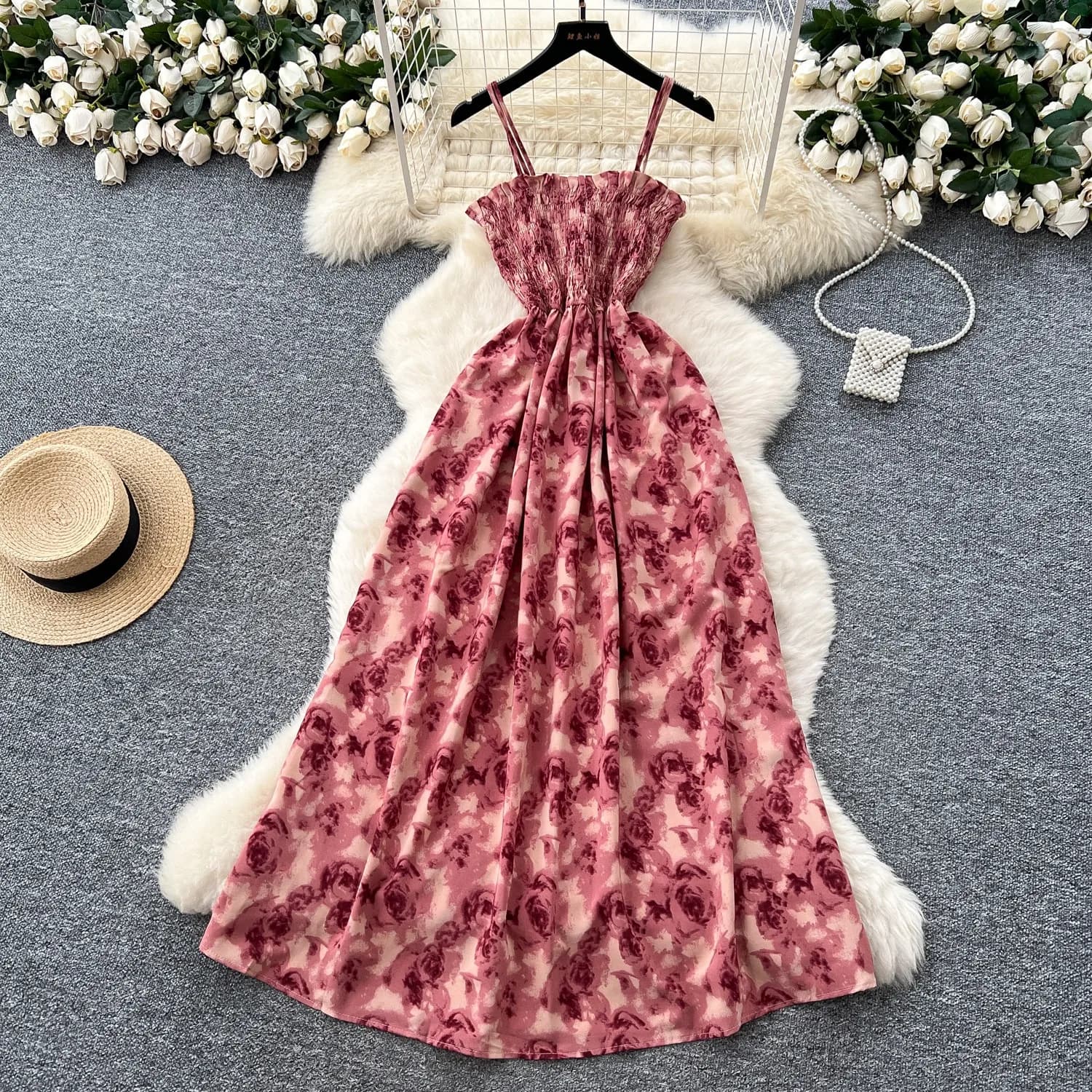 YuooMuoo Abito da Donna 2026 Nuovo Estivo alla Moda con Spalline Sottili Stampa Floreale Vita Elastica Vestito Lungo a Trapezio Stile Coreano da Spiaggia
