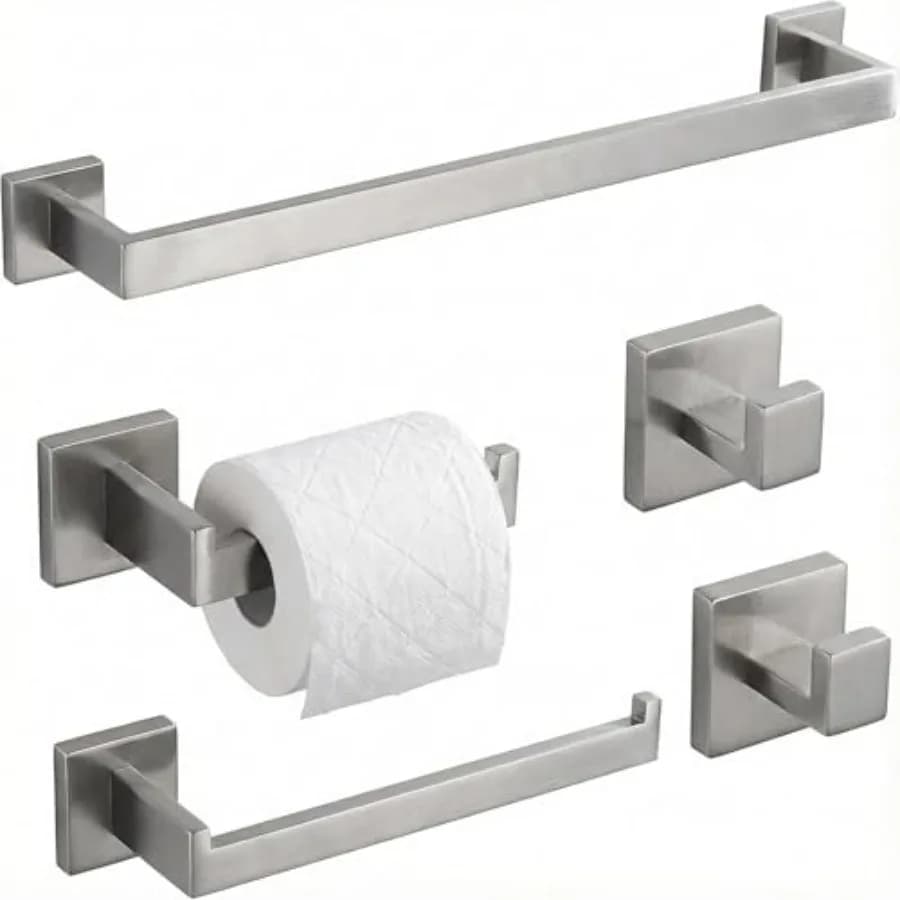 Set di 5 Accessori per Bagno in Acciaio Inox SUS304, Set Portasciugamani Moderno Quadrato con Portarotolo da 16 Pollici