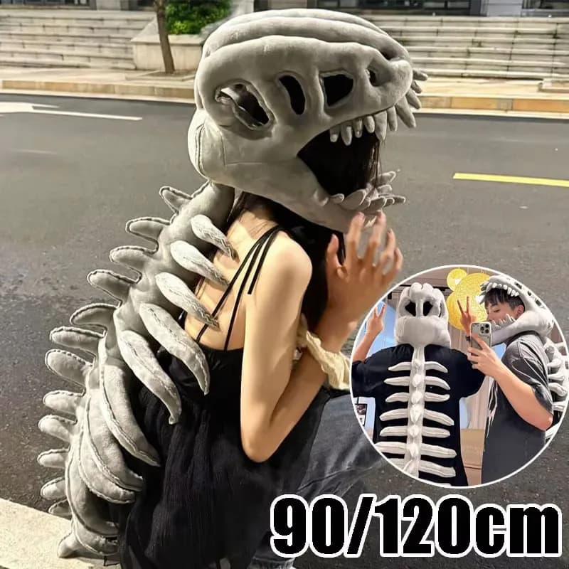 Dinosaur Skeleton Plush Hoodie with Mask Chinese Style Roleplay Costume Stuffed Toy for Adult Men Women Party Cosplay Gift
