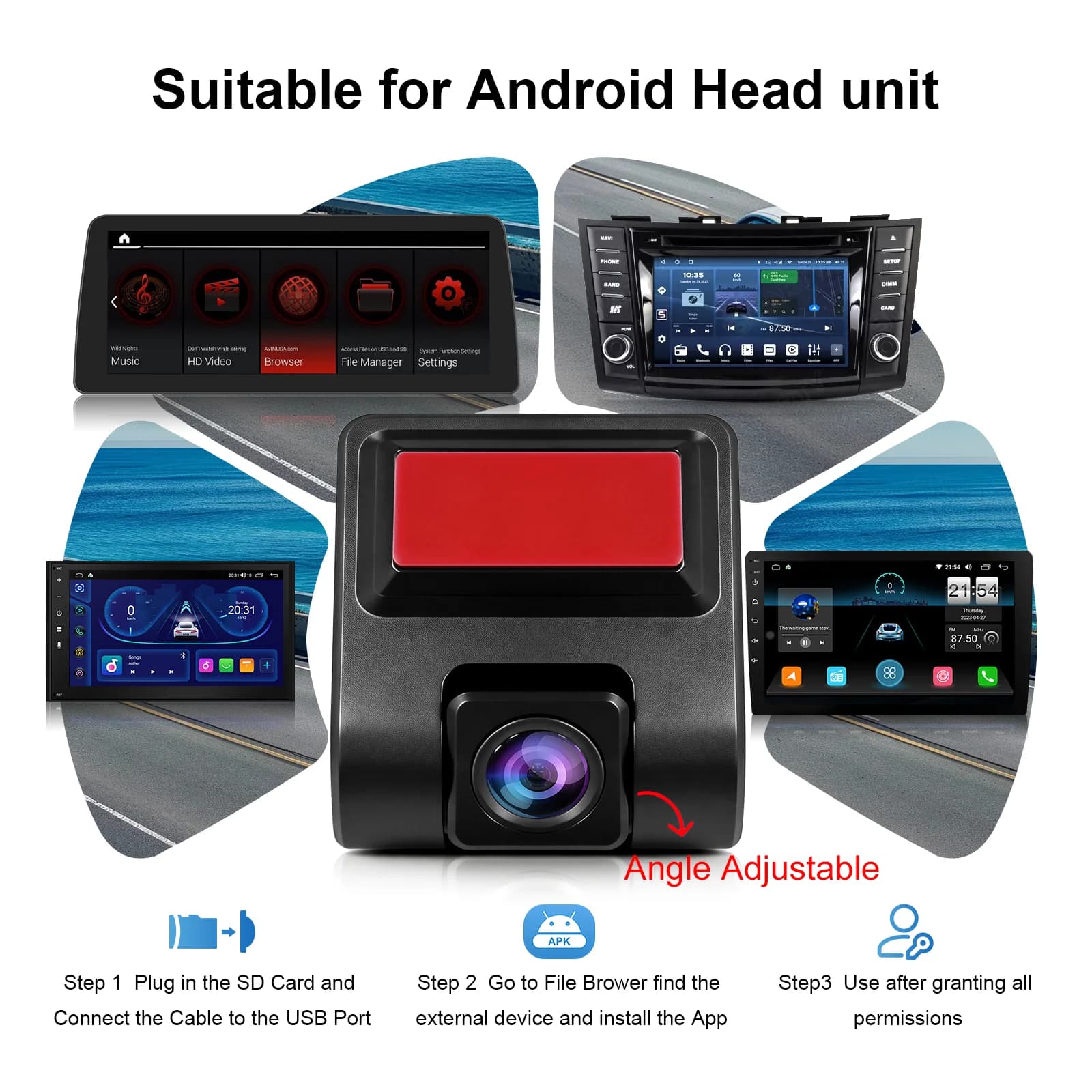 Telecamera da cruscotto anteriore Ezonetronics 720P HD USB universale per auto con sistema Android e ADAS, installazione facile tramite scheda SD.