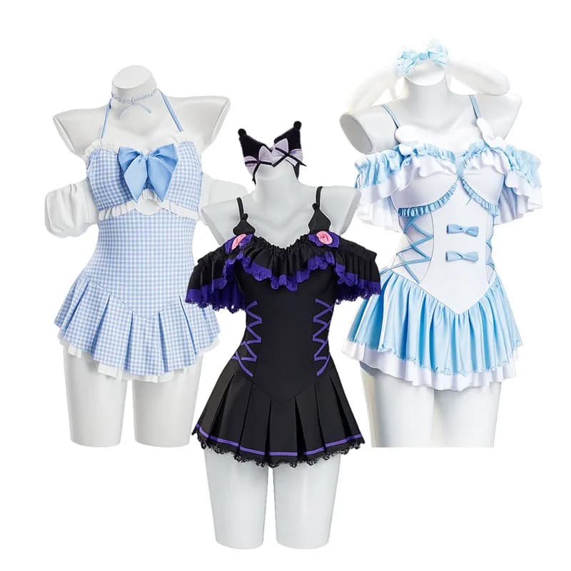 Anime Blue and white Cosplay Costumes One-Piece Swimsuit with Ruffles and Bunny Ears for Women Blackish Purple Blue Grid
