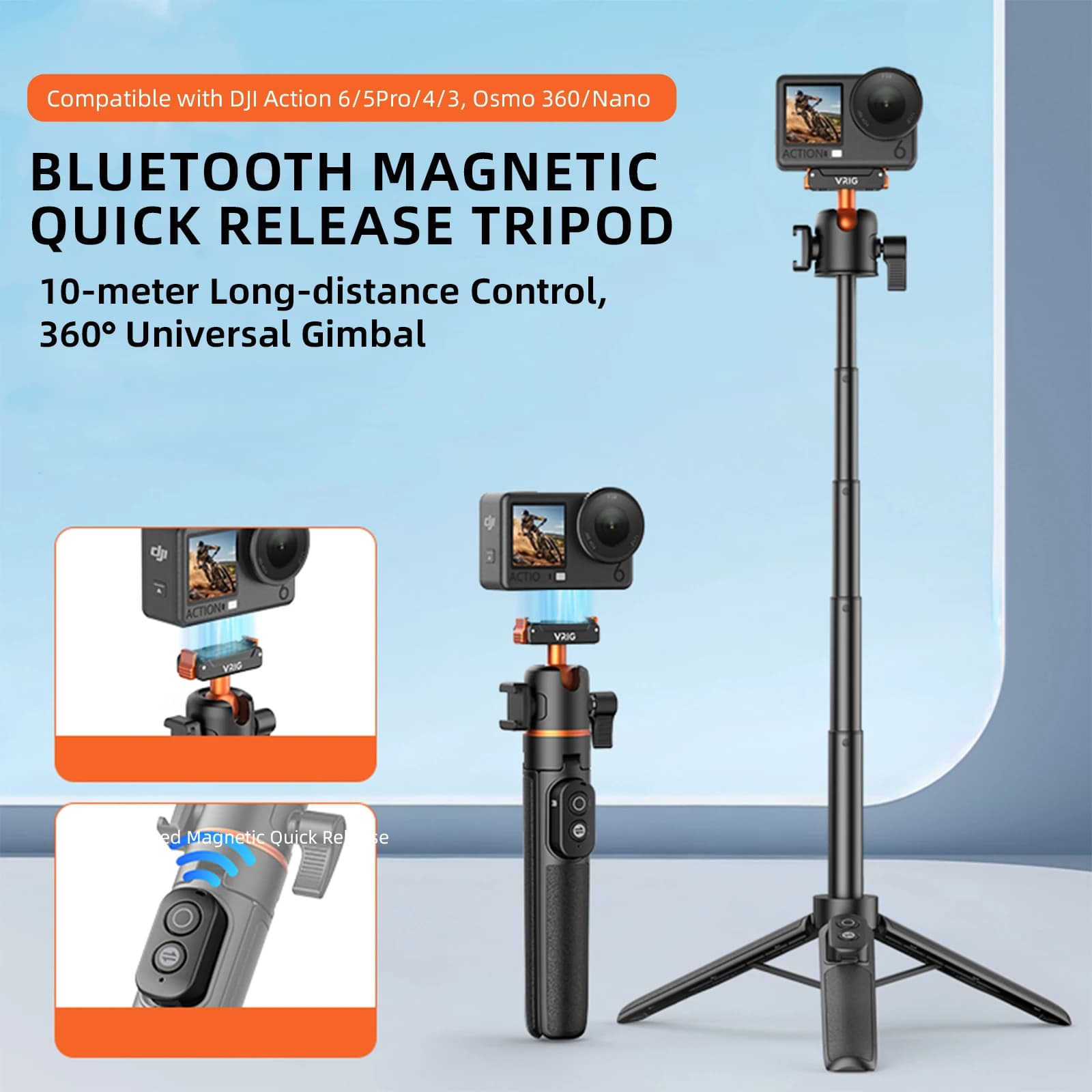VRIG 21" Selfie Stick Tripod for DJI Osmo Action 6/5 Pro/ 4/ Osmo 360 Magnetic Quick-Release Mini Extension Rod for Vlog Video