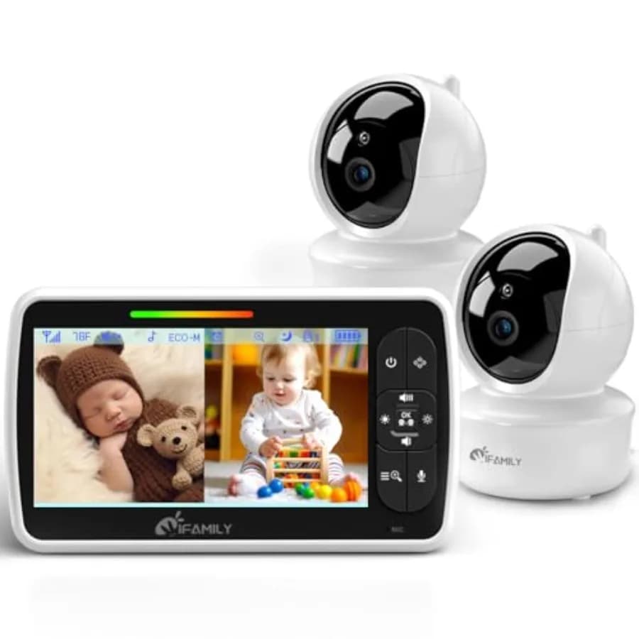 Split Screen Baby Monitor for Nursery Use, Plastic Housing, White, Large Display with Dual Cameras, Long Range, Remote Pan/Tilt
