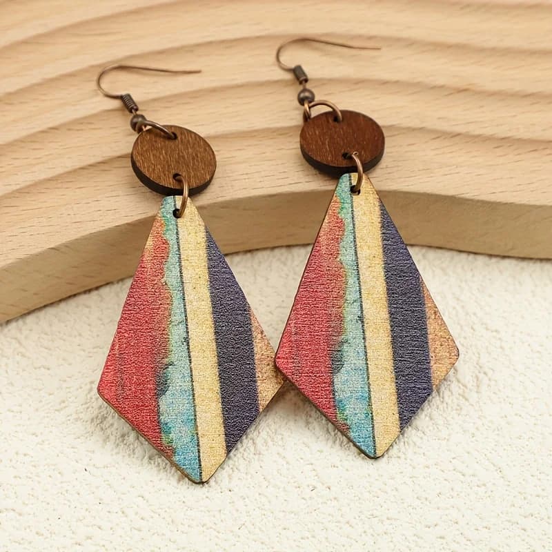 1 pair of bohemian striped wooden splicing women's wooden earrings