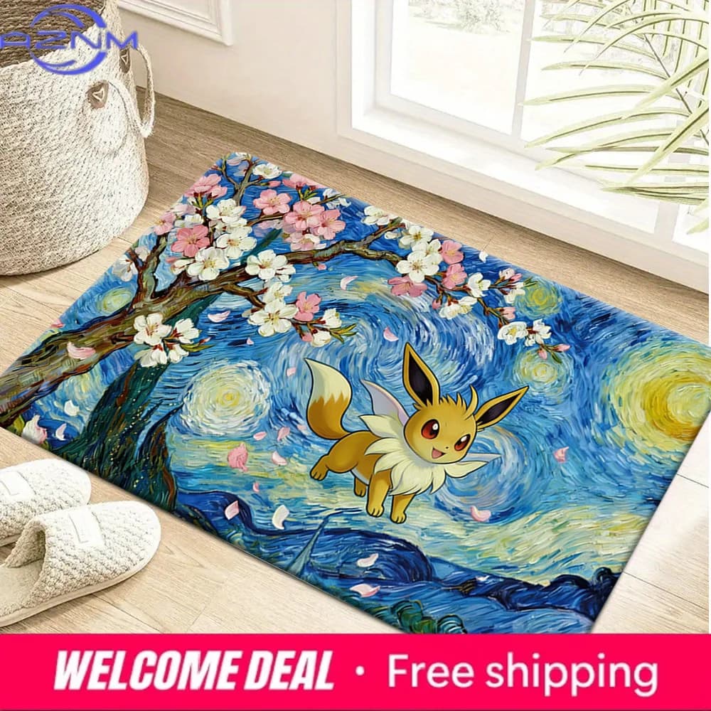 Tappetino antiscivolo con stampa Pokemon Eevee Starry Night Cherry Blossom, tappeto morbido e assorbente per la decorazione domestica
