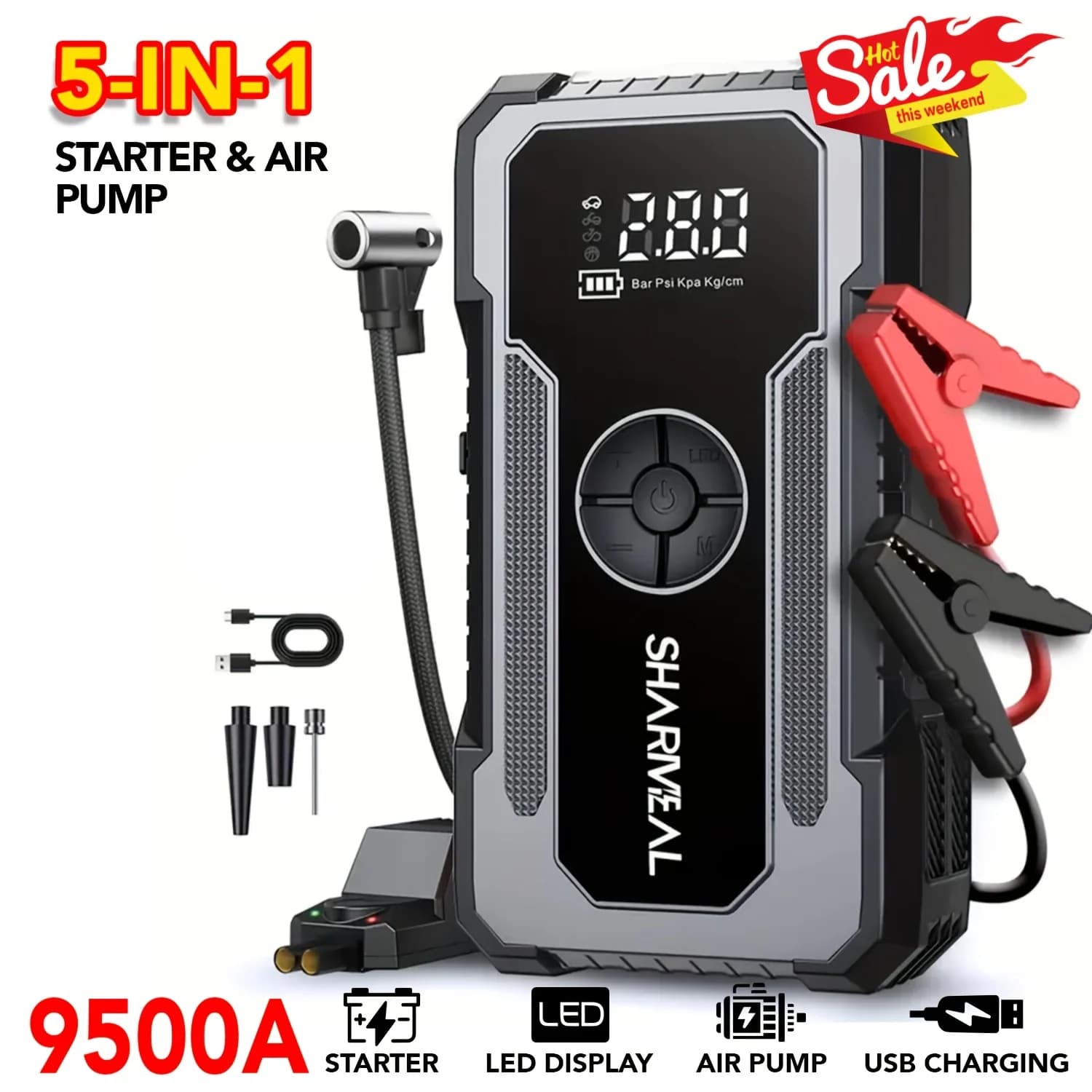 Avviatore di Emergenza Sharmeal 9000/9500 per Auto con Compressore d'Aria, Caricabatterie per Auto 12V (8.0 Gas/2.51gal)