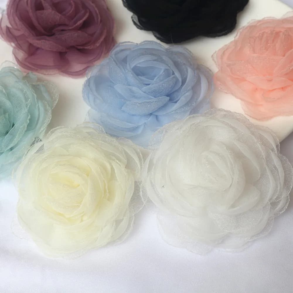 5PCS/Lot 7CM Handmade Organza Chiffon Rose Fabric Artificial Flower For Wedding Dress Hats Headband Necklace Decoration