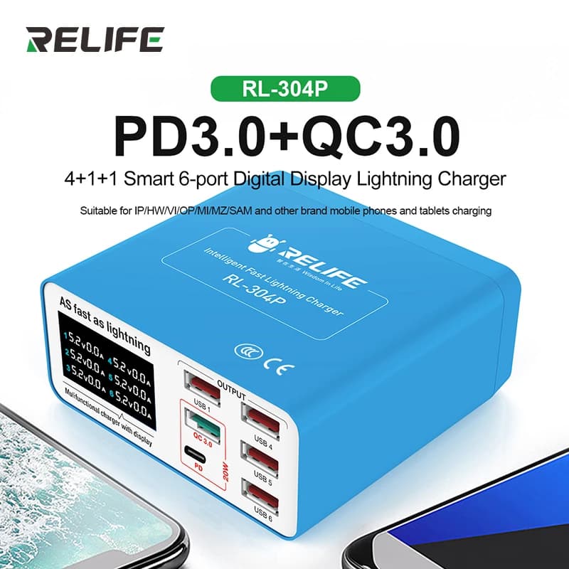 RELIFE RL-304P Intelligent 6-Port Digital Lightning Charger is Suitable for Various Devices and has Strong Compatibility