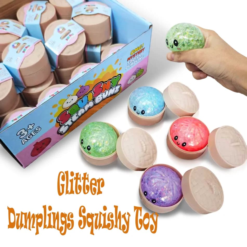 Mini Glitter Dumpling Squishy Toy With Steamer,Soft TPR Dough Ball,Relaxing Decompression FidgeToy Blind box series Hot Sale