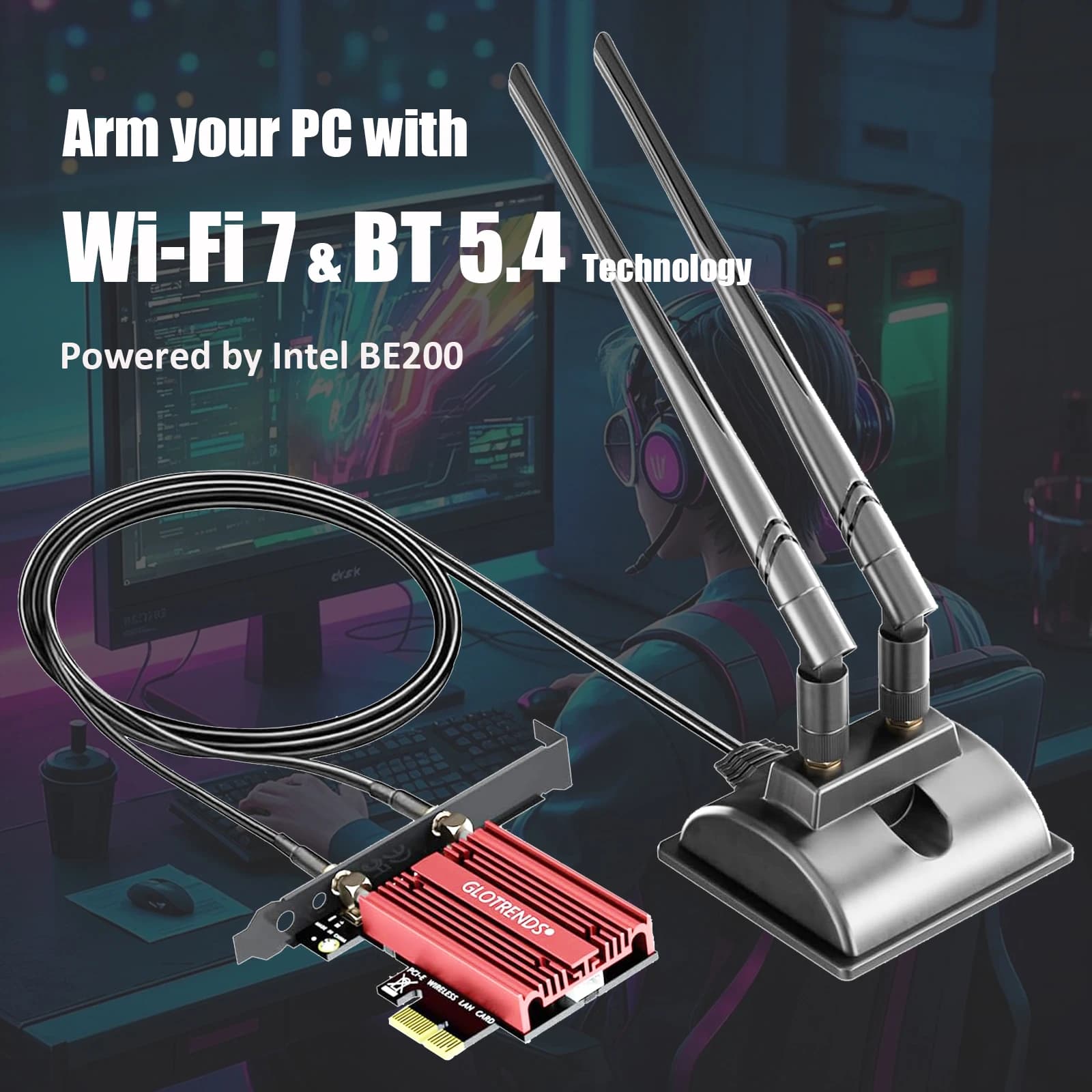 Scheda WiFi 7 PCIe per PC Desktop Intel con Antenna di Estensione da 2 Metri, Controller Intel BE200, Bluetooth 5.4