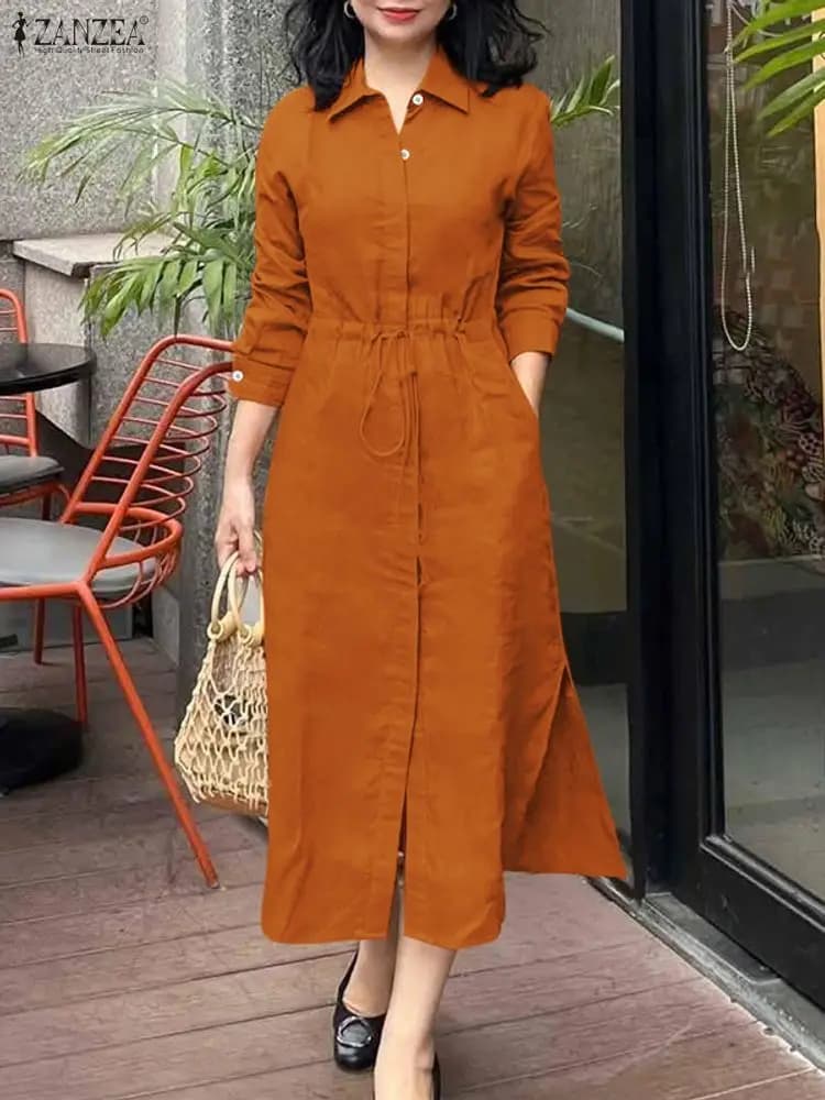 ZANZEA Autunno Elegante Risvolto Collo Camicia a maniche lunghe Abito da donna Abiti 2025 Elegante Solid OL Abiti da lavoro Bottoni Midi Up Robe